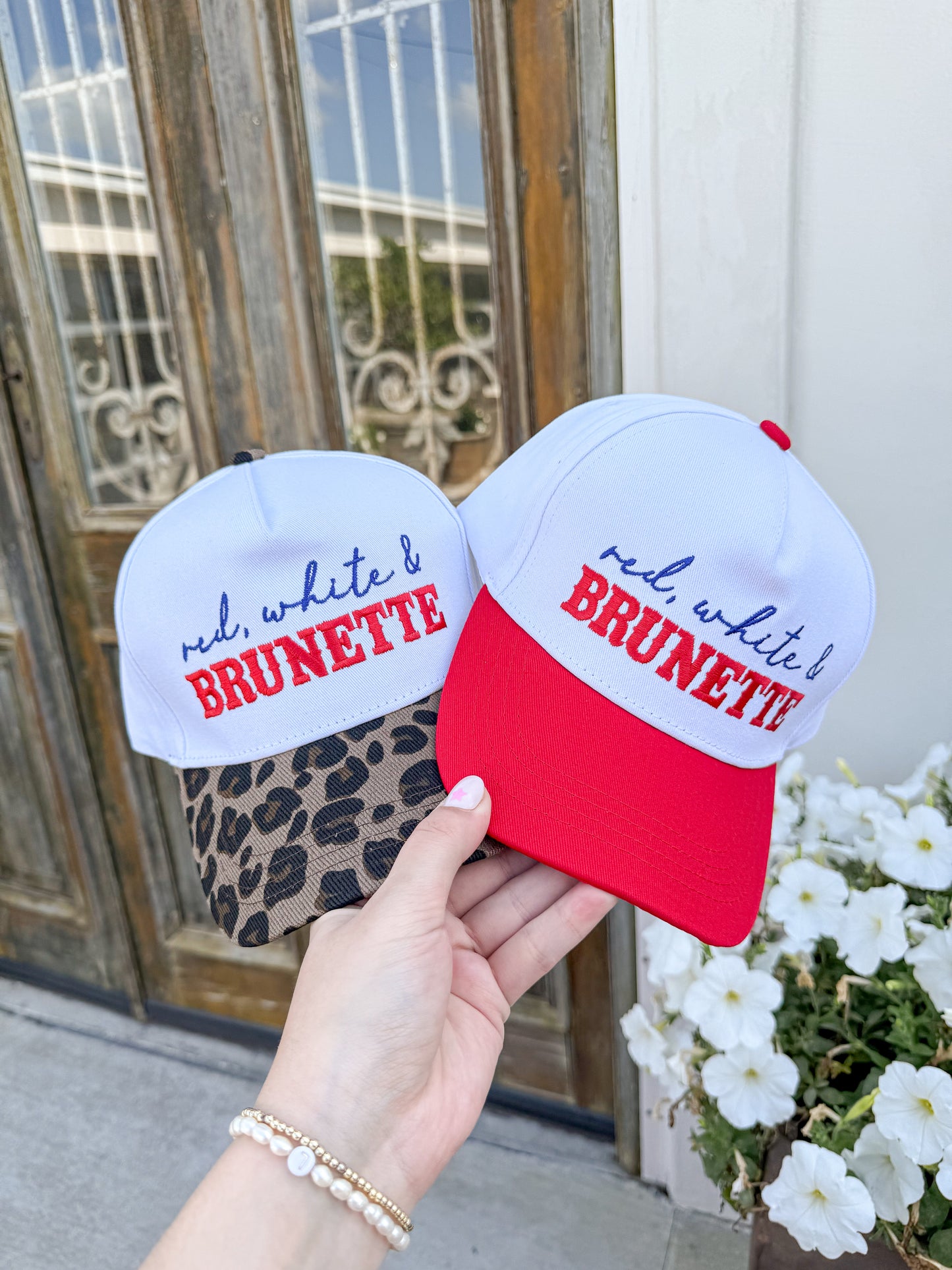 Red, White, and Brunette Embroidered Trucker Hat